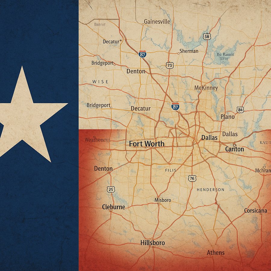 Texas flag map of the North Central Texas service area, centered on Dallas and Fort Worth
